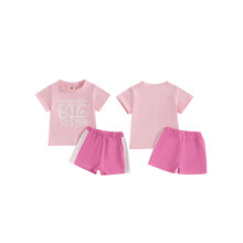 (2-3 Years, Pink) Conjunto de verão feminino infantil: blusa de manga curta com estampa de letras e shorts contrastantes.