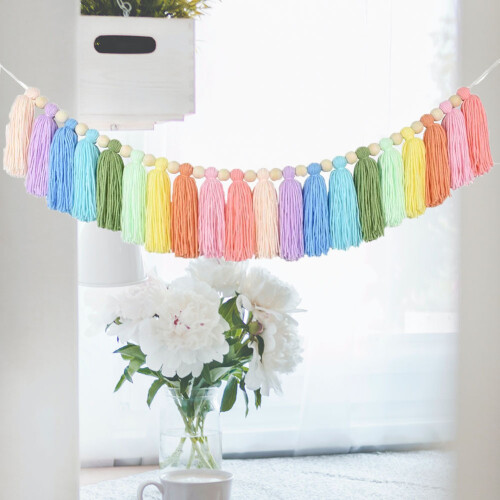 Guirlanda de Borla Arco-íRis Pastel de 37 Polegadas com MiçAngas de Madeira para DecoraçãO de Festa de BerçáRio Na Parede Do Quarto 1