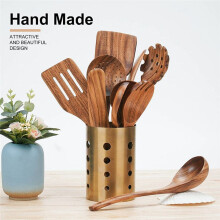 Wooden Cooking Utensils, Kitchen Utensils Set with Teak Wood Spoons and Wooden Spatula for Cooking