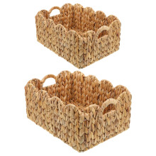 Wicker Storage Baskets with Handles, Foldable Water Hyacinth Bins, Elegant Scalloped Design for Home Organization