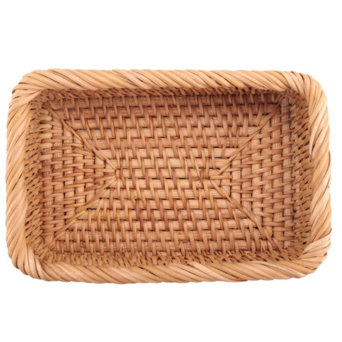 Hand-Woven Rectangular Rattan Wicker Basket Fruit Tea Snack Bread Picnic Cosmetic Storage Box Kitchen Household Tools-S 2