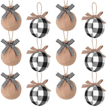 Christmas Tree Ornaments, 12 Pcs 2-1/2 Inches White Black Check Plaid Stitching Burlap Christmas Decorations
