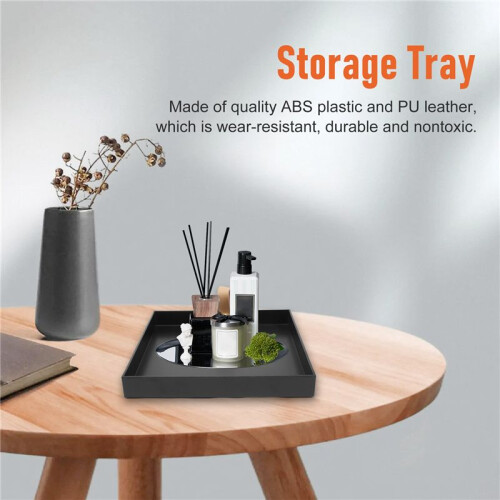 Square PU Leather Serving Tray Decorative Dish Cosmetics Sundries Desktop Storage Plate with Handle(Black) 2