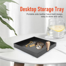 Creatieve Vierkante PU Lederen Dienblad Decoratieve Schotel Cosmetica Diversen Desktop Opbergplaat met Handvat (Zwart)