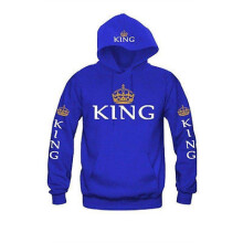 (Blue King,XL)Cotton Hooded Sweatshirt For Couples Printed King Queen Long Pullover Sleeve