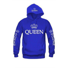 (Blue Queen,S)Cotton Hooded Sweatshirt For Couples Printed King Queen Long Pullover Sleeve