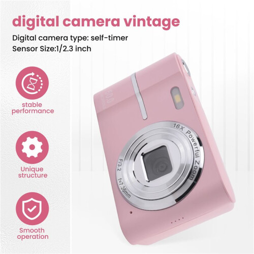 Câmera Digital Retro de 2,4 Polegadas 4K HD Pequena  Câmera CMOS Portátil 50MP  16x Câmera Gravadora de Vídeo Rosa 2