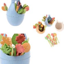 Children'S Wheat Straw Fruit Fork with Storage Bucket Bento Box Decorated Fruit Cocktail Dessert,  Toothpick,Beige
