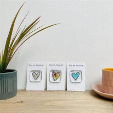 Pocket Token Glass Heart Card Keepsake Gift -Heart Keepsake Pocket Cards-Fused Glass Heart Pocket Token Silver
