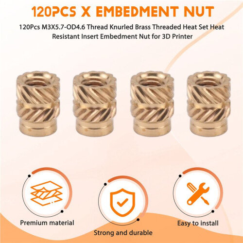 120Pcs M3X5.7-OD4.6 Thread Knurled Brass Threaded Heat Set Heat Resistant Insert Embedment Nut for 3D Printer 1