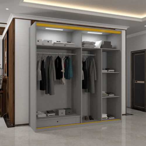 (White, 200cm) Modern Glass Door Wardrobe with LED 2