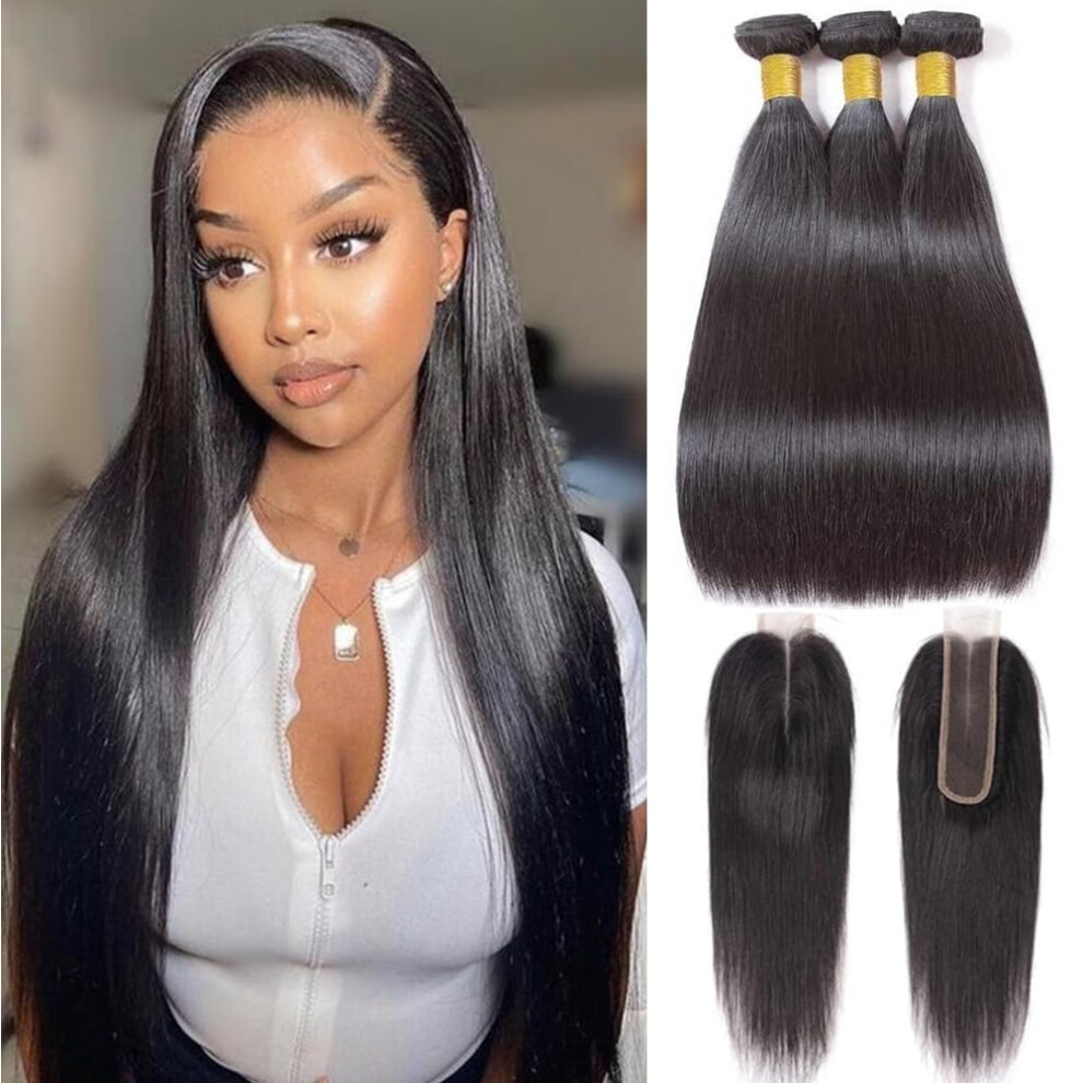 Unisex 10A Brazilian Straight Human Hair Bundles With 2X6 Hd Lace Closure 16 18 20+14 Inch Virgin Hair