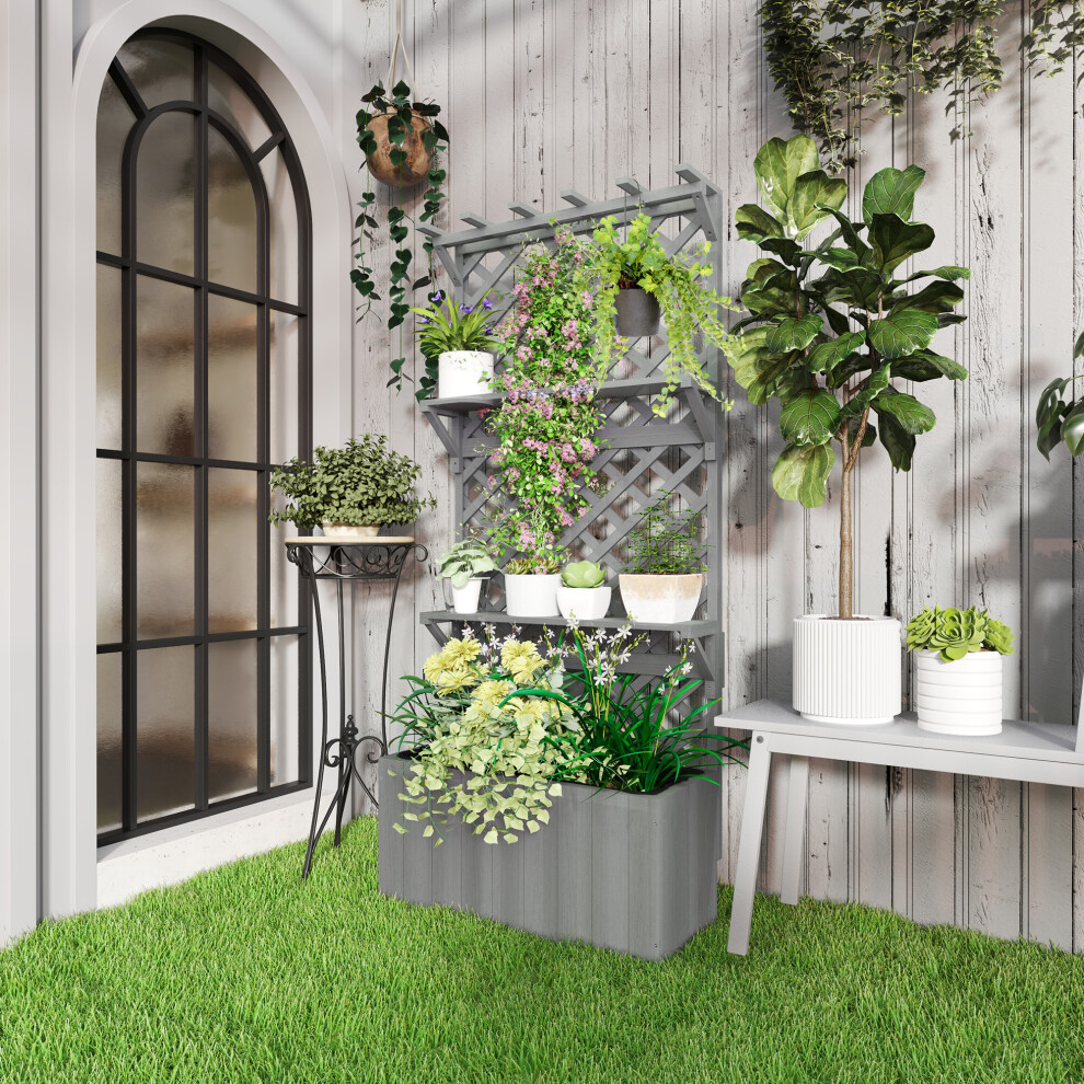 Outsunny Wooden Raised Planter With Trellis And 2 Shelves, Grey