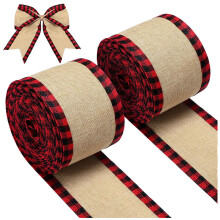 Plaid Wired Ribbons Christmas Burlap Fabric Ribbon Wrapping Ribbon Rolls with Checkered Red