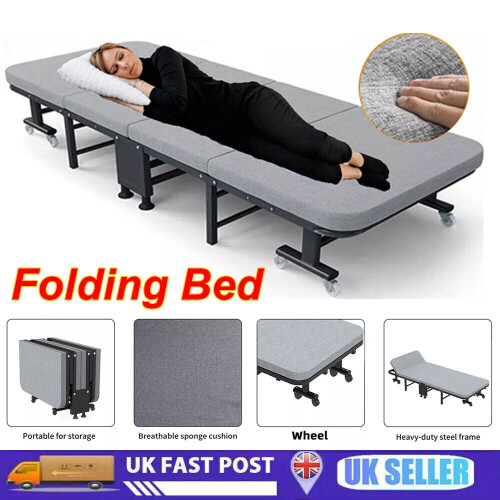 Folding Bed with Mattress, 6-Level Adjustable Headrest, 8 Wheels, 150kg Capacity