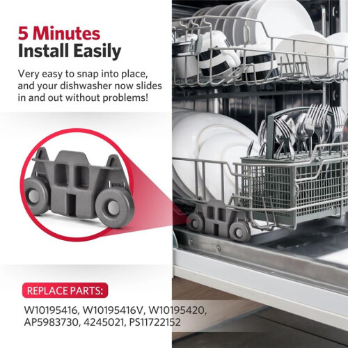 4PCS W10195416 Dishwasher Wheels Lower Rack for     Dish Rack Replacement Parts 1