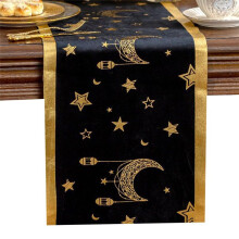 Table Runner Eid Al-Fitr Ramadan Hot Stamping Moon Lantern and Star Table Runner Velvet Table Decoration for Home B