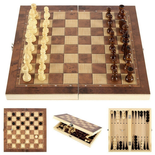 Träfällbart 3 i 1 Schackbackgammon Träbräde Vikbart Brädspel 29x29cm