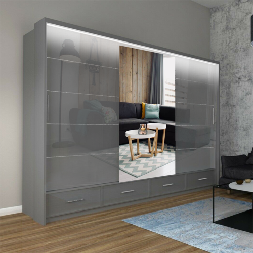 (Grey, 255cm) Sasilaya High Gloss 2 or 3 Sliding Doors Wardrobe