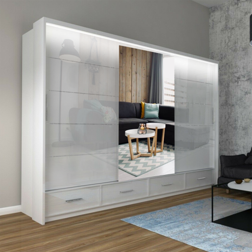(White, 255cm) Sasilaya High Gloss 2 or 3 Sliding Doors Wardrobe