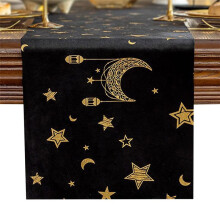 Table Runner Eid Al-Fitr Ramadan Hot Stamping Moon Lantern and Star Table Runner Velvet Table Decoration for Home A