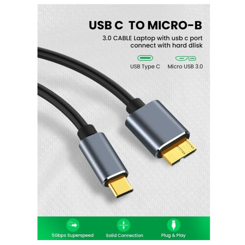 TypeC to Micro-USB 3.0 Cable 5Gbps 5A Quick Charging Cord for  Hard Drive Disk TypeC to Micro-B Connector Cable,A 1