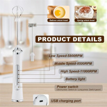 Handheld Electric Milk Frother with 2 Heads, Coffee Whisk Foam Mixer with USB Rechargeable 3 Speeds Foam Maker Blender