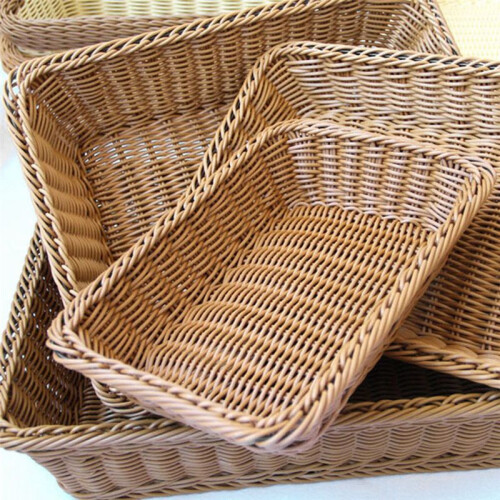 Storage Basket Handmade Rectangular Rattan Organization Wicker Bread Holder Fruit Vegetable Snack Food Container M 2
