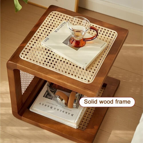 Bedside Table Boho Rattan Side Table Rustic Nightstand Solid Wood Frame for Small Spaces Natural 1