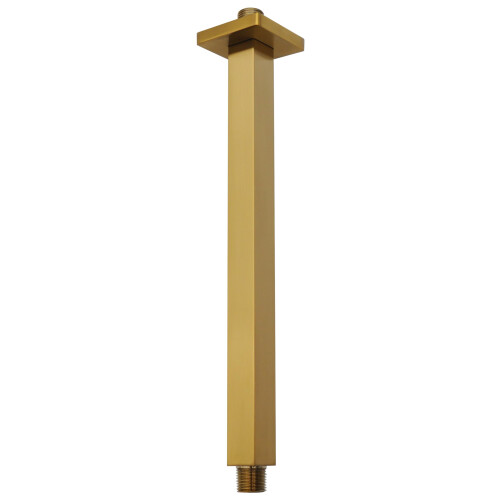 12 Inch Square Brushed Brass Shower Arm with Flange, Solid HeavyDuty Brass Ceiling Mount