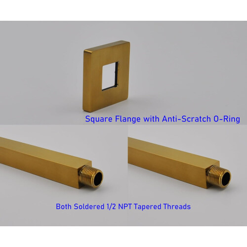 12 Inch Square Brushed Brass Shower Arm with Flange, Solid HeavyDuty Brass Ceiling Mount 2