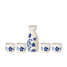 Japanese Ceramic Sake Set 5 Piece Blue Flower Design with Carafe and Cups for Hot or Cold Drinks