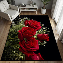 Modern Floral Area Rug with Elegant Red Rose Design, Washable Low Pile NonSlip Carpet 3.3x5 Ft