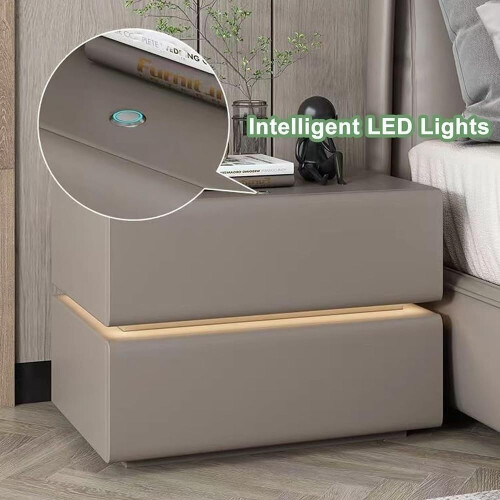 Solid Wood Nightstand with Drawers, Modern Bedside Table with LED Lights, Leather Wrapped, Black 1