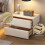 Solid Wood Nightstand with Drawers, Modern Bedside Table with LED Lights, Leather Wrapped, Black 3