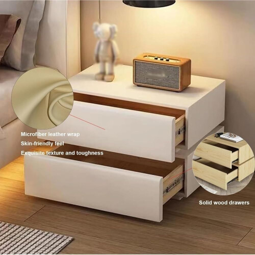 Solid Wood Nightstand with Drawers, Modern Bedside Table with LED Lights, Leather Wrapped, Black 2