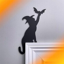 Türdekoration mit Hexenkatzen und Fledermausflügeln, Schwarze Katzen, Halloween-Türdekoration mit Hexenkatzen, Türhänger mit Katzenmotiv