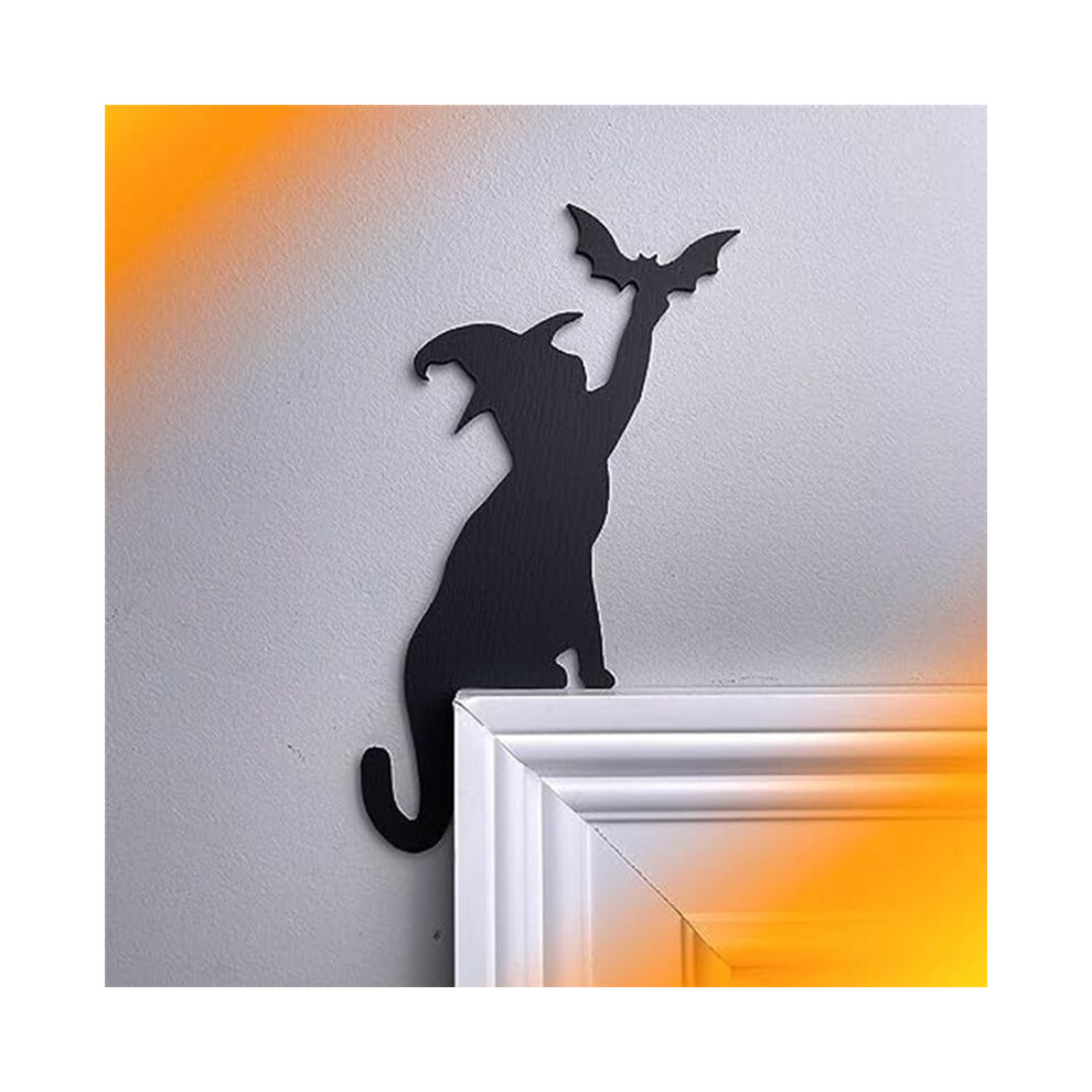Spactz Witch Cats With Bat Wing Door Topper, Black Cats Decor, Witch Cats Halloween Door Corner Decor, Cats Door Sitter