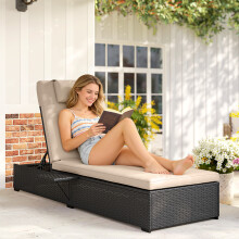 Outsunny Rattan Sun Lounger, Garden Recliner w/ 5-Level Back, Cushion, Black