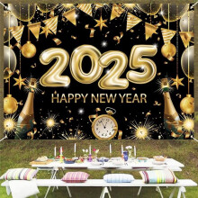 Happy New Year Backdrop 2025 BlackGold Backdrop Happy New Year 6.88 X 4.92ft Happy New Year Decorations Wall Display