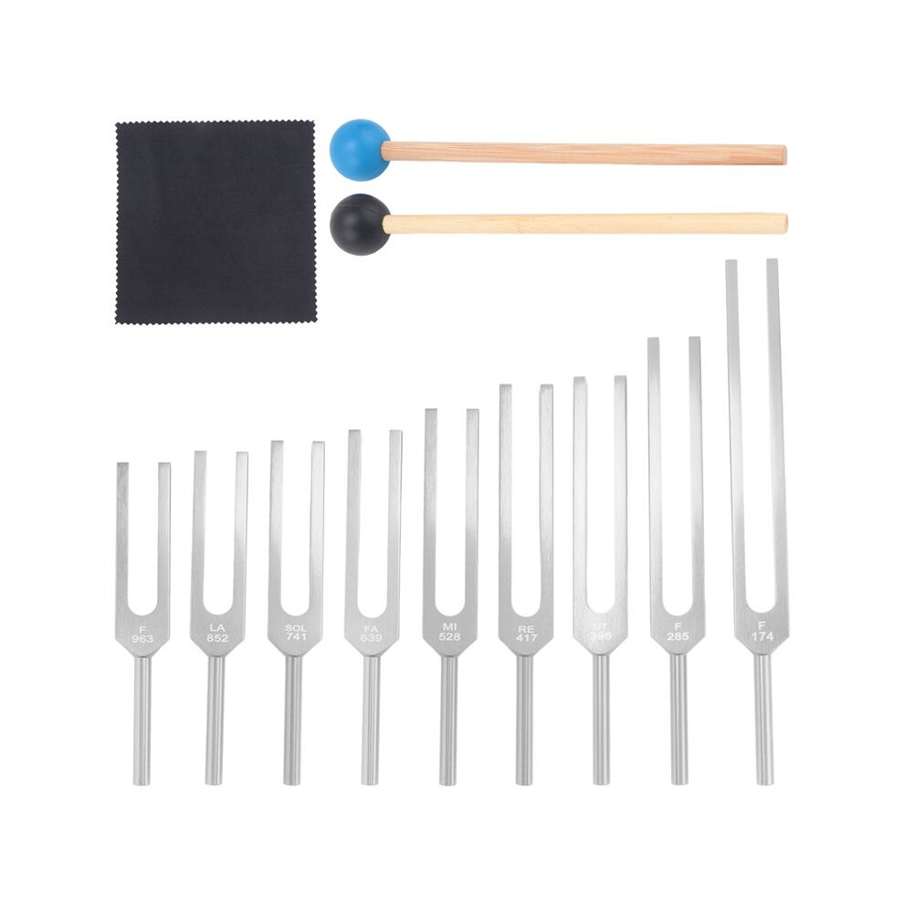 Silver Tuning Forks Set 9Pcs 174/285/396/417/528/639/741/852/963Hz Tuning Fork,Sound Healing Tool Set For Healing Chakra