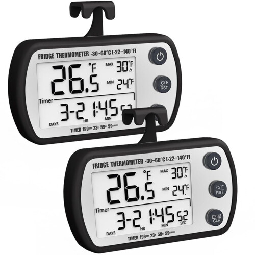 Digital Refrigerator Thermometer 2 Pack,Waterproof Fridge Thermometer, Max/Min Record Function,Timer Function Black