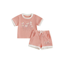 (6-12 Months, Pink) Conjunto de verão para menina com blusa bordada e shorts elásticos. 2 peças.