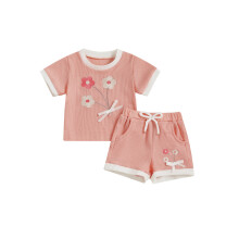 (3-6 Months, Watermelon red) Conjunto de verão para menina com blusa bordada e shorts elásticos. 2 peças.