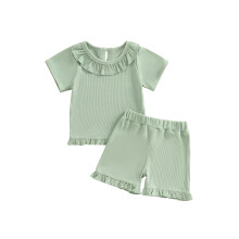 (12-18 Months, Green) Conjunto de verão para bebê menina com 2 peças: blusa de manga curta com babados e shorts.