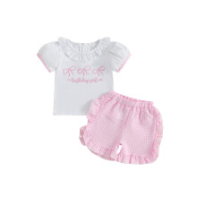 (3-6 Months, Pink) Conjunto de 2 peças para aniversário de meninas: camiseta com bordado de laço e shorts com elástico.