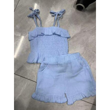 (18-24 Months, Blue) Conjunto de verão para menina: blusa de alças finas e shorts com babados e cintura elástica.