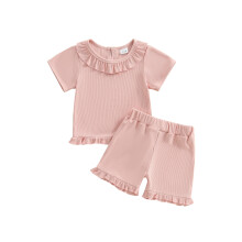 (6-12 Months, Pink) Conjunto de verão para bebê menina com 2 peças: blusa de manga curta com babados e shorts.