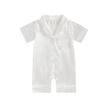 (18-24 Months, White) Baby Boy Girl Satin Pajama Short Sleeve Button-up Shorts Jumpsuit Cute Toddler Sleepwear