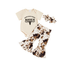(12-18 Months, White) Conjunto de verão para menina com 3 peças: body com estampa, calça flare de vaca e faixa de cabelo.